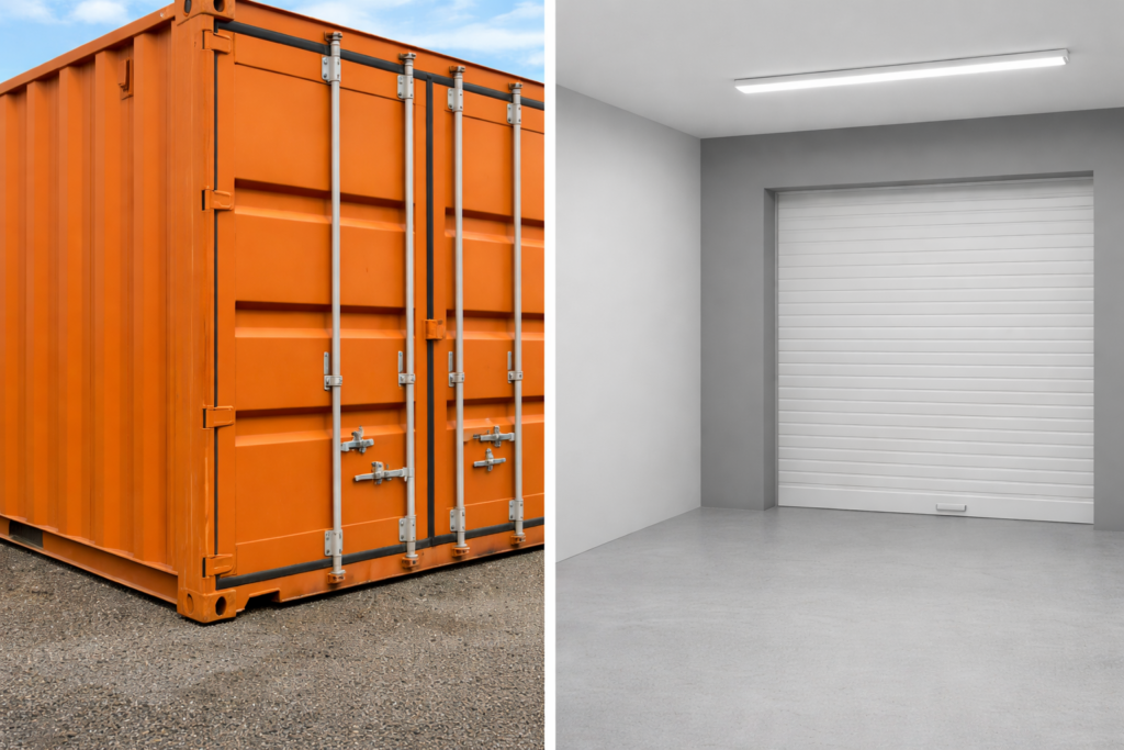 Comparatif entre un box en dur moderne et un container métallique de stockage — image illustrant les différences entre ces deux types de box à louer.