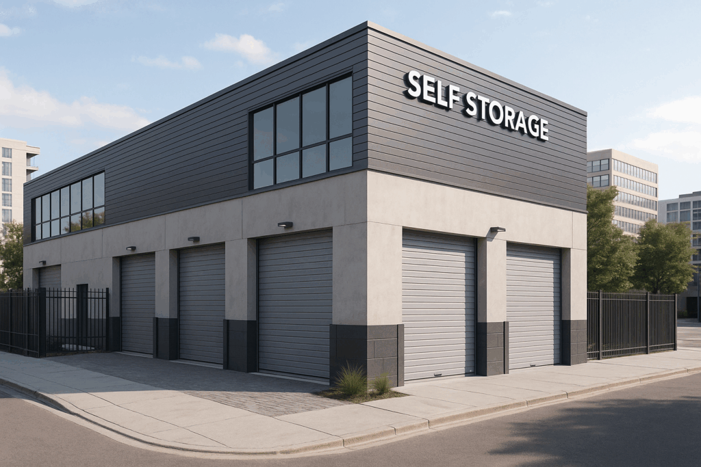Centre de self-stockage moderne en centre-ville, bâtiment en dur sécurisé et bien entretenu, illustrant la rentabilité du self-stockage en immobilier urbain.