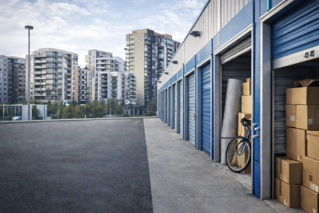 centre de self-stockage en zone urbaine avec box ouverts et immeubles résidentiels en arrière-plan