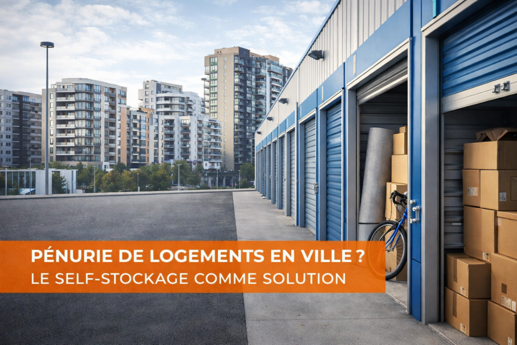 centre de self-stockage en zone urbaine avec box ouverts et immeubles résidentiels en arrière-plan