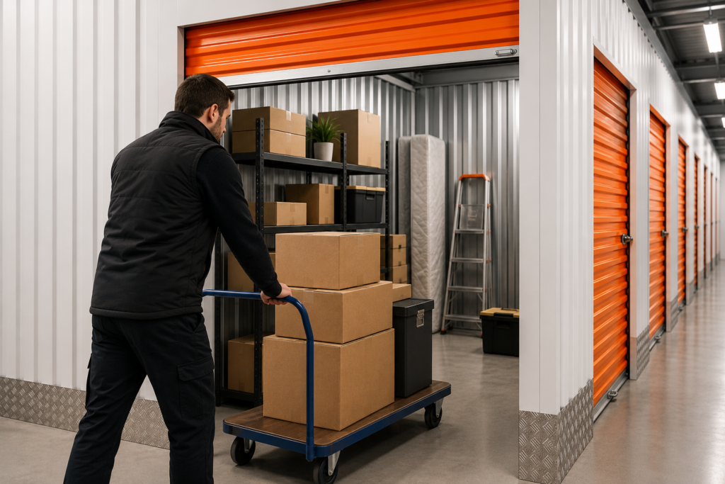 Professionnel utilisant un box de self-stockage pour stocker du matériel et des archives d'entreprise